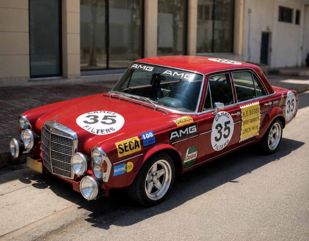 Μια κόκκινη classic Mercedes με racing attitude και old-school ενέργεια. Η ιδανική επιλογή για γαμπρούς που δεν θέλουν το αναμενόμενο — ένα statement car με vintage χαρακτήρα, έντονη παρουσία και editorial δυναμική.